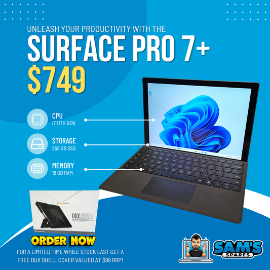 Refurbished Microsoft Surface Pro 7+ / i7 11th Gen / 16GB / 256GB / Touch / W11 / BONUS Dux Case ($99) (Get One Give One)